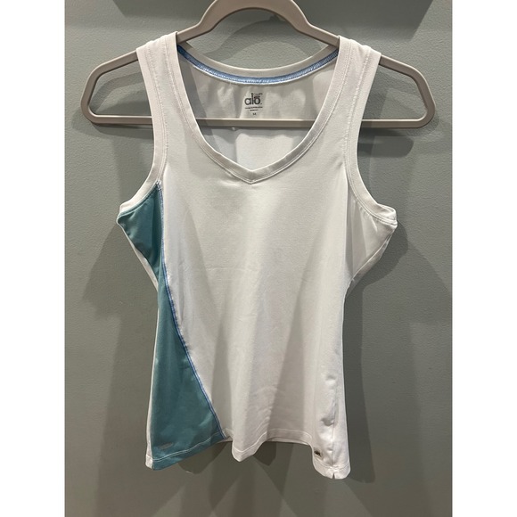 Alo Yoga CoolFit Athletic Tank Top Women's Size Medium White Teal V-Neck - Picture 1 of 8